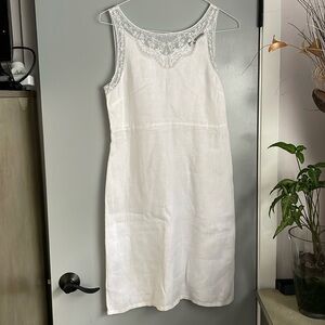 White linen midi dress with lace details. Size 10